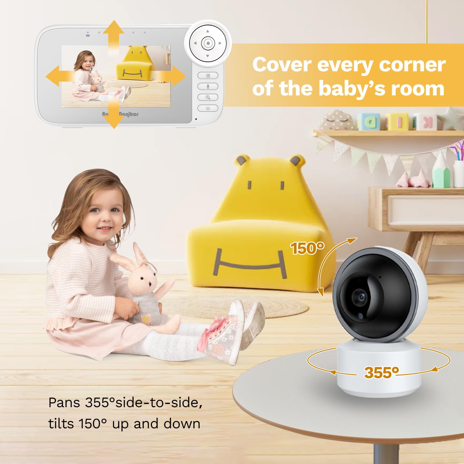 Monitor de video para bebé con cámara, detección de llanto, sensor de temperatura, visión nocturna, pantalla de 4.3 pulgadas, 10 canciones de cuna, alerta de alimentación de bebé, zoom digital