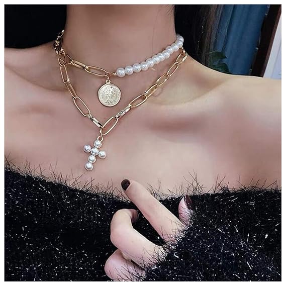 Coin Pearl Cross Charm Pendant Necklace 