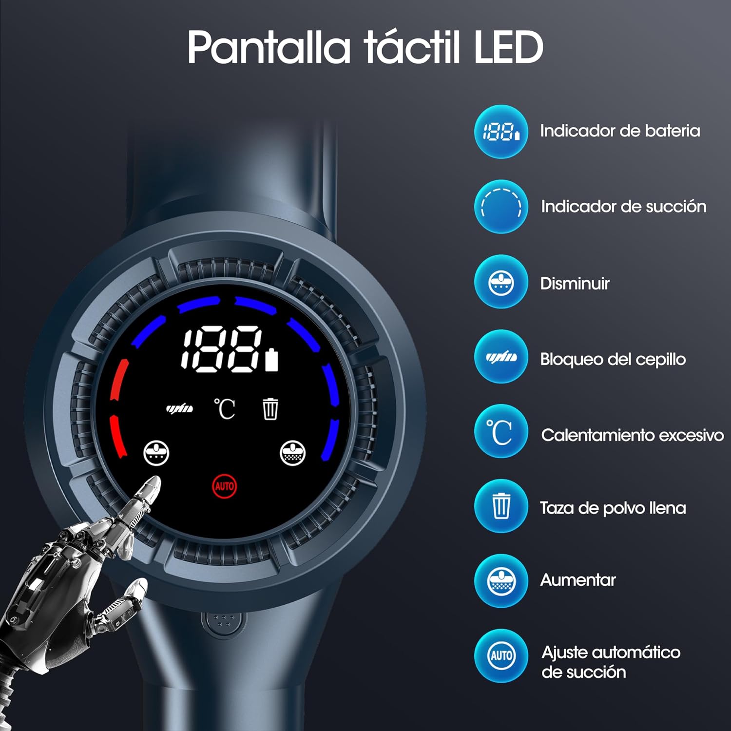 Aspiradora Sin Cable 6 en 1, 33000Pa/400W/Max 50Min Filtro HEPA 13 Aspiradora con Pantalla Táctil, Cepillo Antienredos, Modo Antiacaros Aspirador de Mano, Adecuada para Pisos/Alfombras/Pelo 6