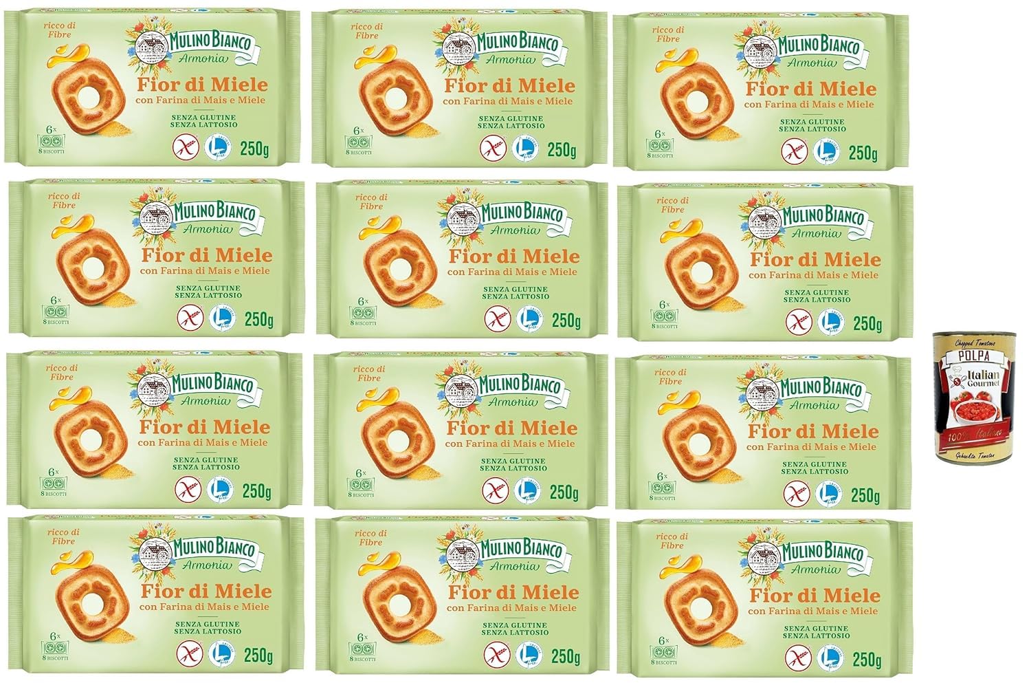 Italian Gourmet bundle Mulino BIanco Biscuits Sans Gluten Sans Lactose au Miel 12 x 250 g Snack Sucré Petit Déjeuner Pause Gourmande Format Familial Grand Stock + Italian Gourmet Polpa