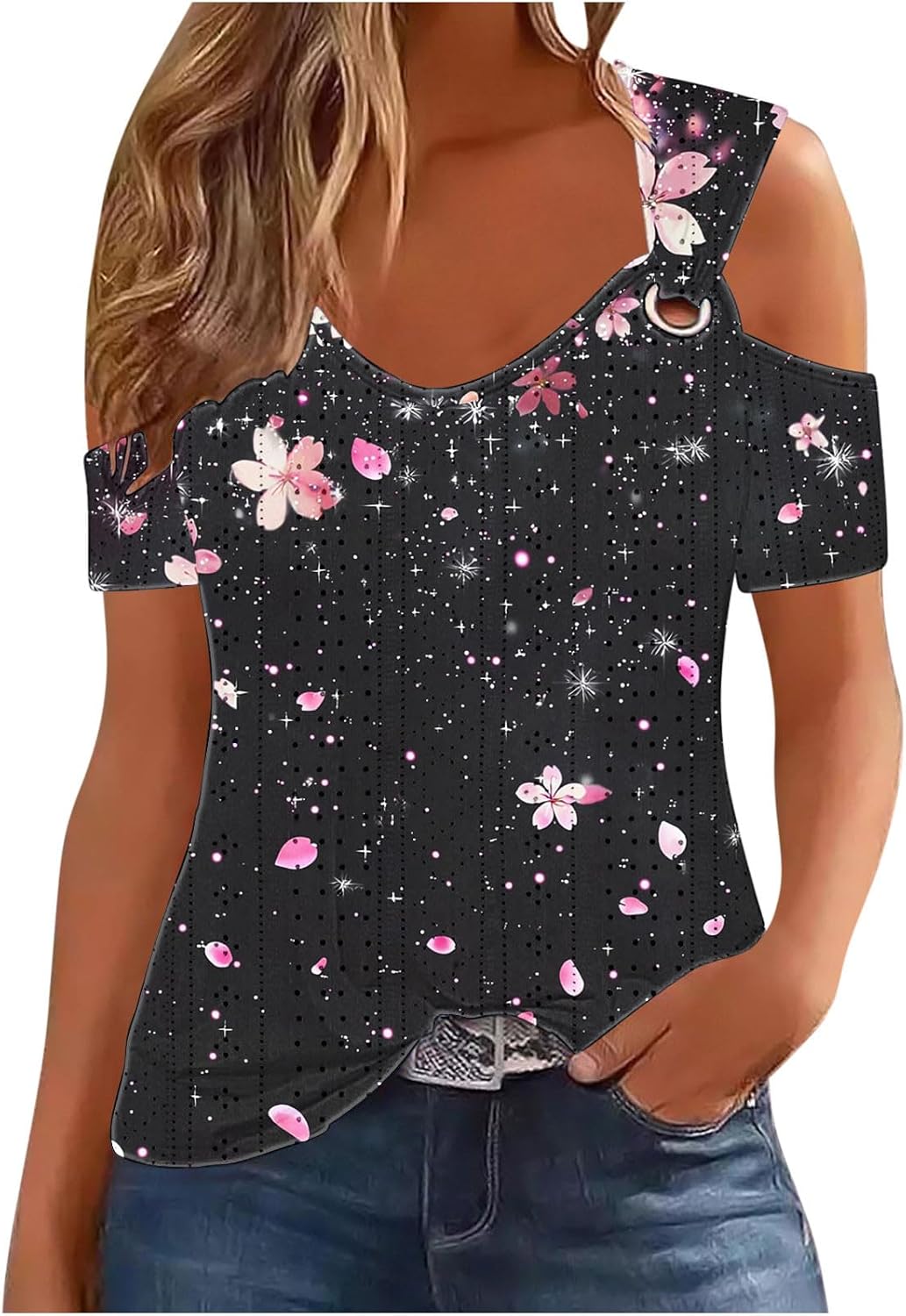 Sexy Cold Sholuder Eyelet Tops for Women Stretchy Hollow Out Short Sleeve Blouse Summer Floral Print Loose Tshirt