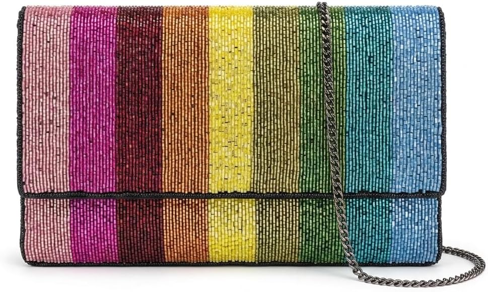 One Love Rainbow Beaded Clutch Bag Colorful Stripe | Evening, Crossbody Purse