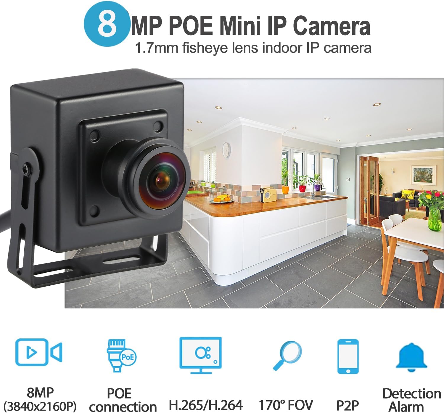 REVODATA 8MP Mini POE IP Camera with 1.7mm fisheye lens and 180 degree viewing angle