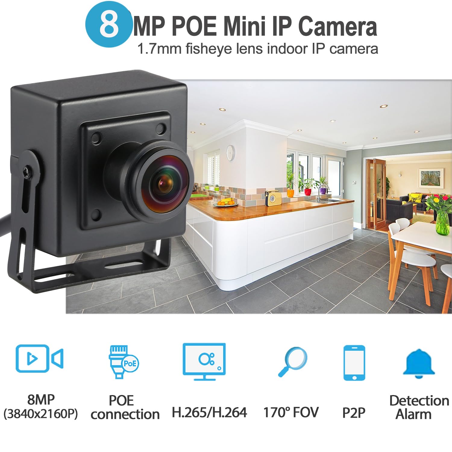 HD 4K 8MP Mini POE IP Camera, piccola sicurezza interna Fisheye 1.7mm Lens 180° angolo di visione P2P Remote View CCTV POE Camera H.265 Motion Detection (I706-3-P-HS82)