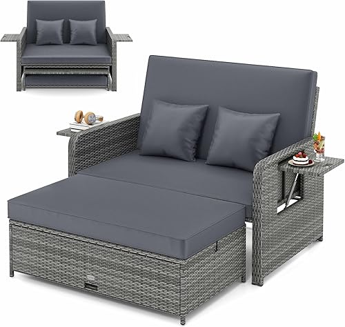 Miniatura 15 de LDAILY Moccha - Juego de sofá biplaza de mimbre para exteriores, con respaldo ajustable de 4 posiciones, otomana de almacenamiento, cojines, tumbona