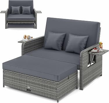 LDAILY Moccha Outdoor Daybed, Wicker Loveseat Sofa Set with 4-Postion Adjustable Backrest, Storage Ottoman, Cushions, Rattan Double Bed Lounger, Patio Furniture Set Mixed Gray+Gray