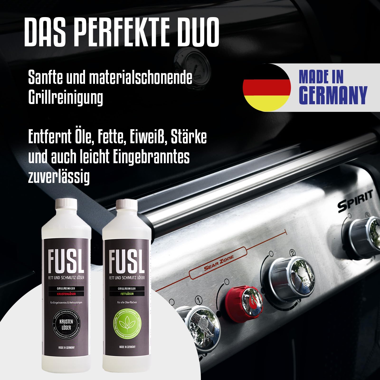 Grillreiniger Set 2x1 l – Krustenlöser & Fettlöser für BBQ, Grill, Pfanne & Backofen – starke Reinigung für Emaille, Edelstahl, Gusseisen, Aluguss, Holz & empfindliche Oberflächen