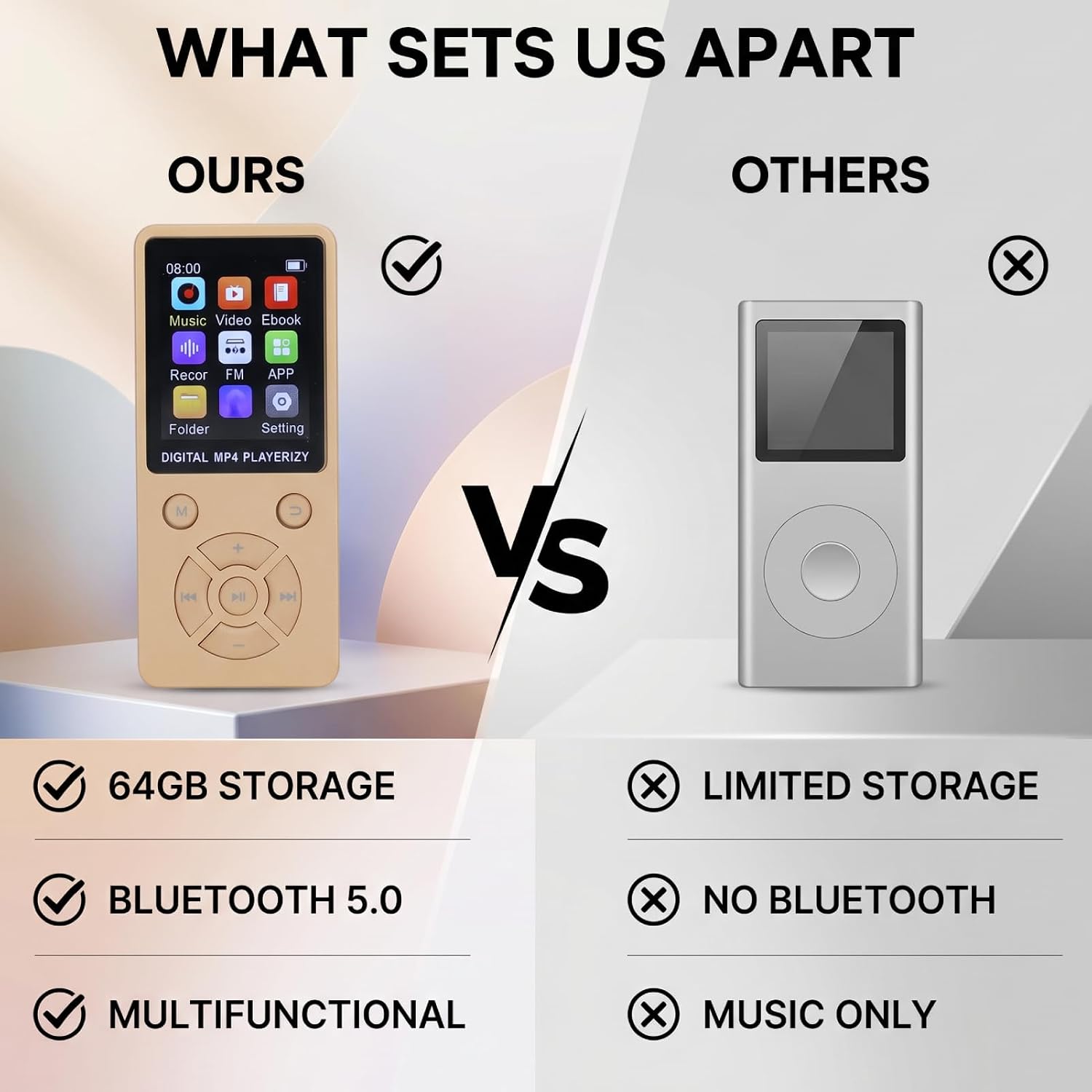 64GB Music Player, Portable MP3 MP4 Player with Bluetooth 5.0, 1.8 Inch Screen, HiFi Music Player with Speaker Video FM E Book Earphone, 180mAh Battery (Gold)