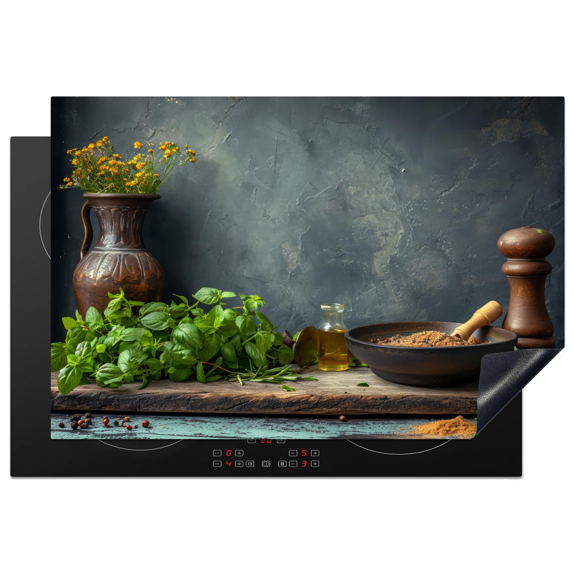 KitchenYeah© Herdabdeckplatte Einteilig Ceranfeld Abdeckplatte für Induktionsschutz Ceranfeldabdeckung Vinyl Herdabdeckplatten Küche - Blätter - Regal - Beton - 78x52 cm