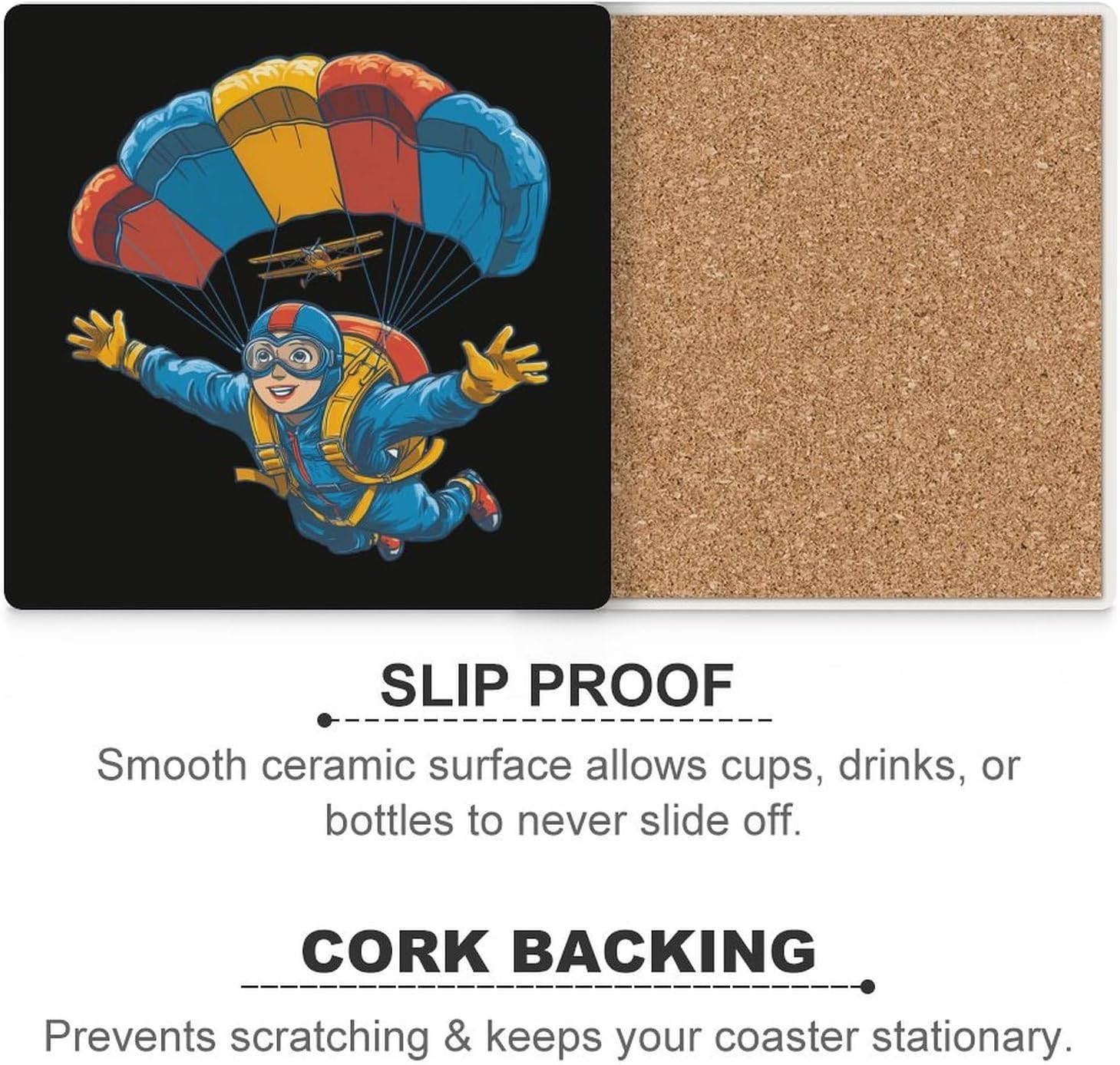 Funny Skydiving Coaster for Drinks Square Ceramic Table Coasters Stone Mat Crafts 6PCS Home Kitchen Decor