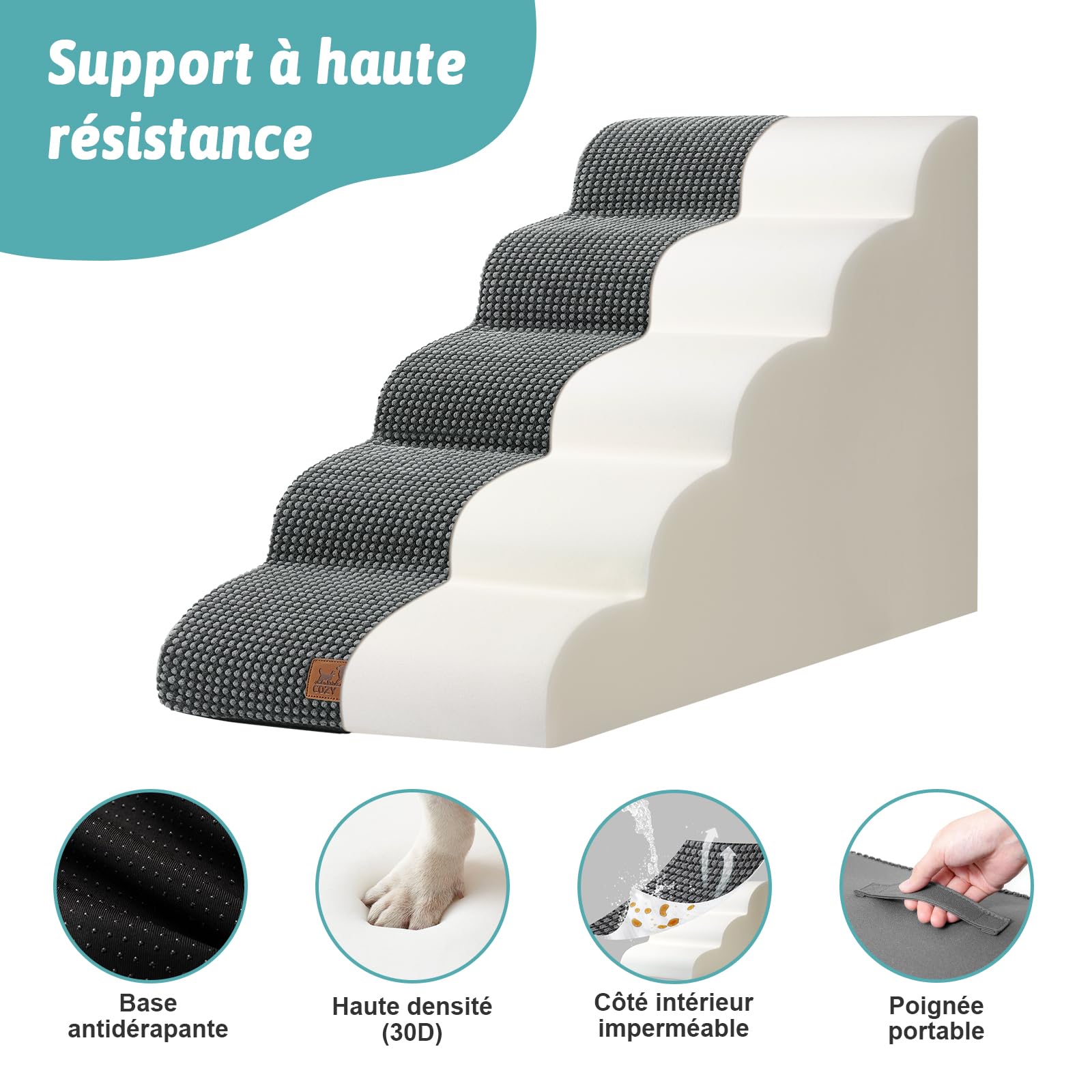 COZY KISS Large escalier pour Chien et Petit Animal Domestique avec Housse Anti-Fuite (Noir grisâtre, 50x83x57cm, 5.0)
