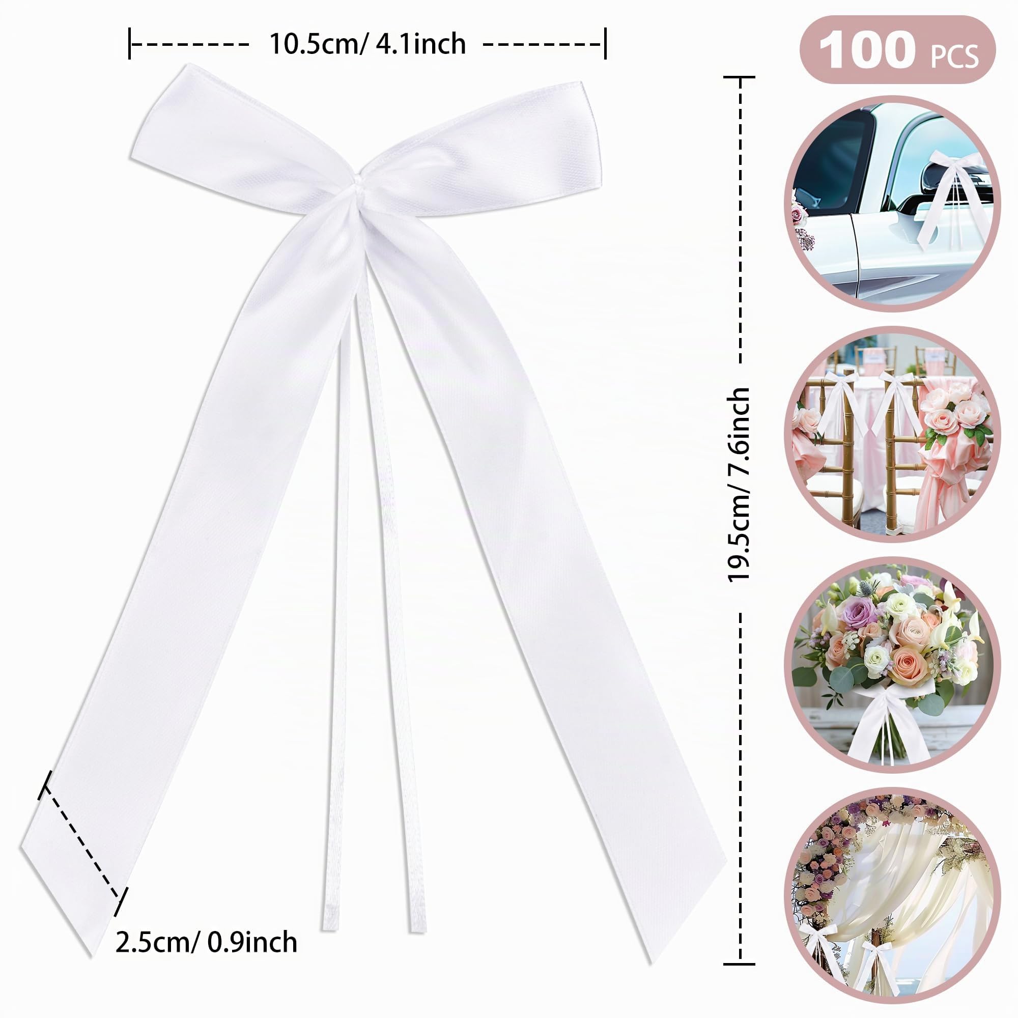DazSpirit 100 pcs Noeud Voiture Mariage Blanc, Ruban Satin Decoration Mariage pour Deco Voiture, Mariage Champetre, Decoration Voiture Mariage de Chaise, Cadeaux, Wedding Ceremony, Bouquet | Prêt à l'emploi