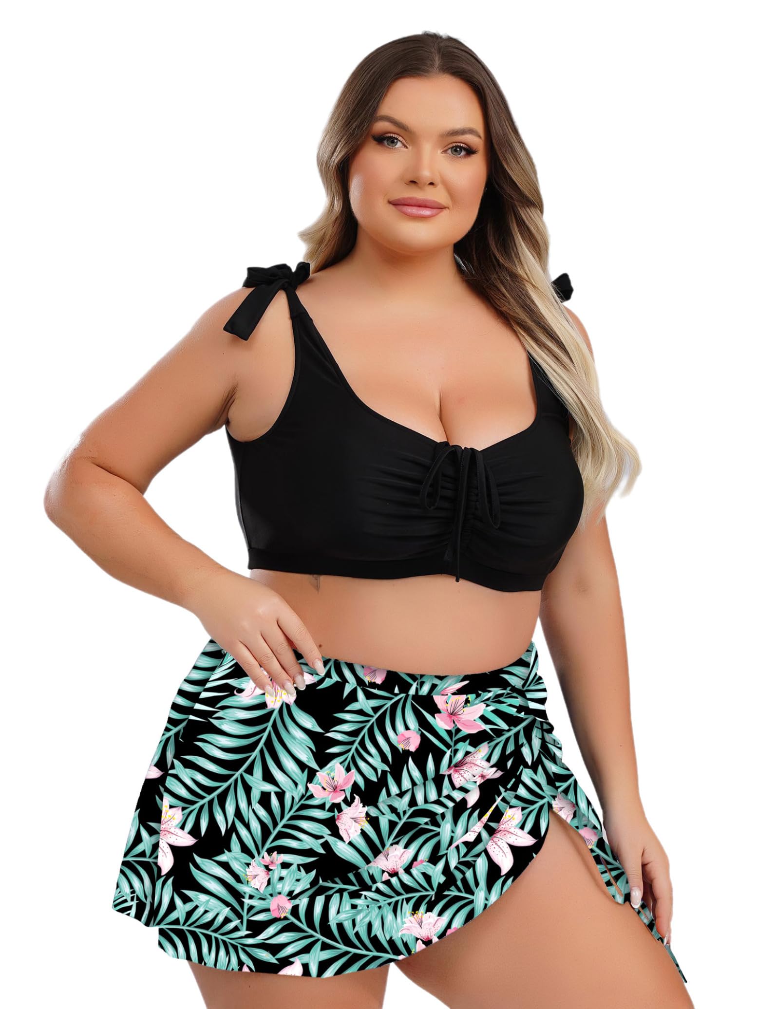 Yihuimin Women 2Pcs Plus Size Graphic Print Beach Swimsuit Drawstring Cropped Tops and Swim Skirt Set Bathing Suit Black&Green 4X-Large