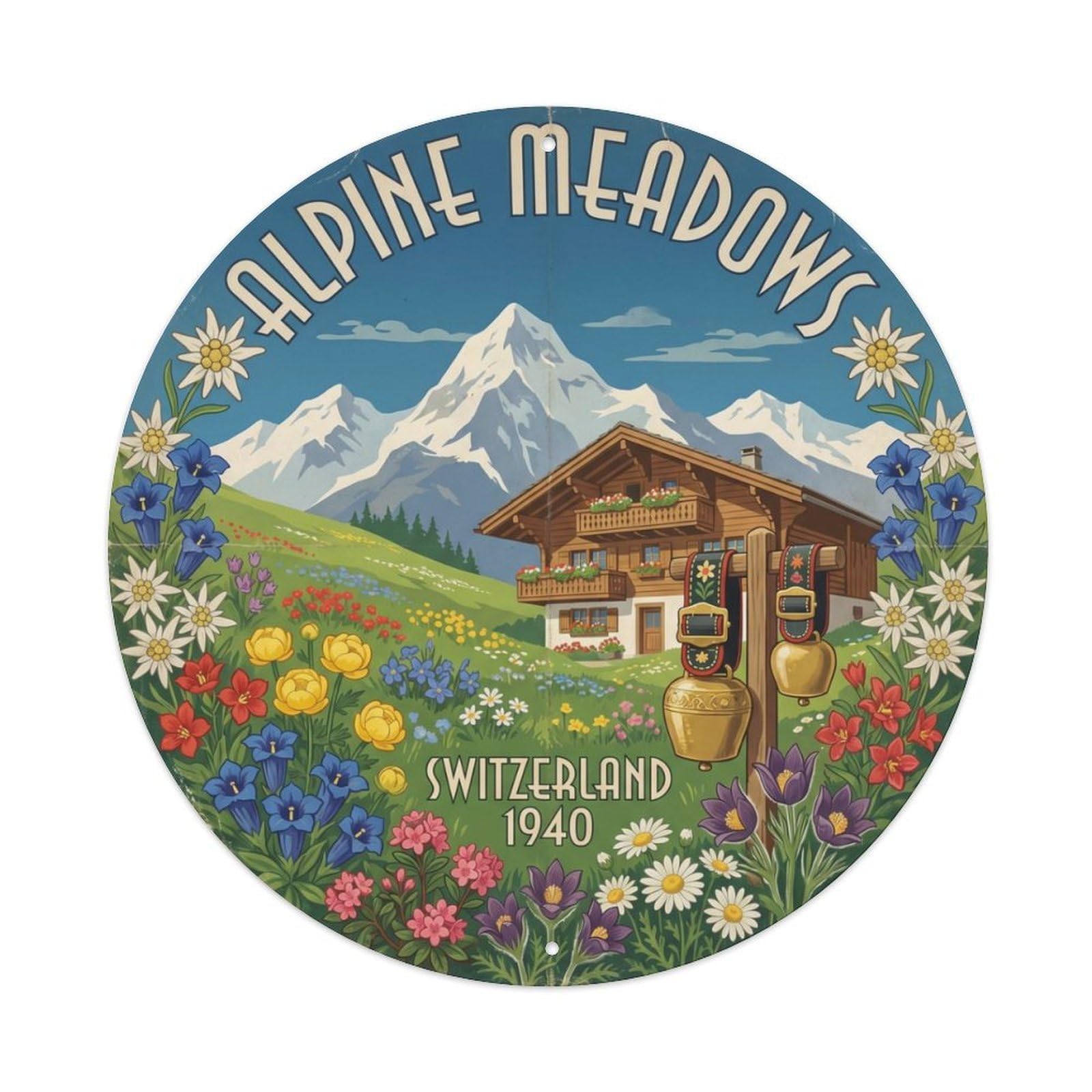 Vintage Travel Alpine Meadows Switzerland Metal Tin Sign Plaque Wall Decor for Cafe, Club Bar, Office, Home Garden Round Metal Poster 8x8Inch
