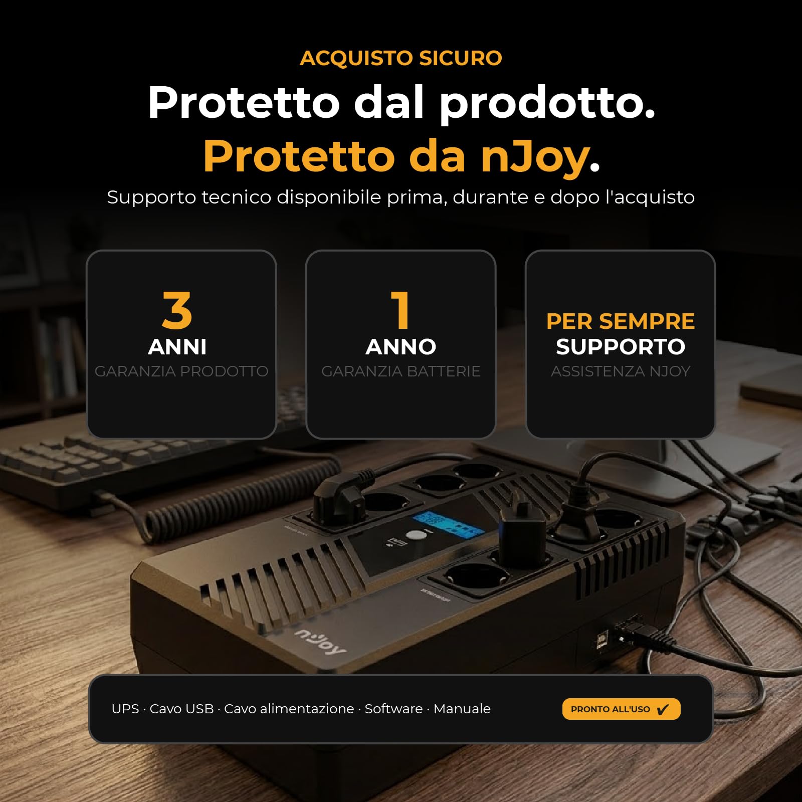 NJOY Token 800 UPS Gruppo di Continuità 800VA 480W | 8 Prese Schuko | Tecnologia Line Interactive AVR | Caricatore USB 2.1A | Display LCD | Software PC Incluso | Protezione Blackout per PC Router NAS