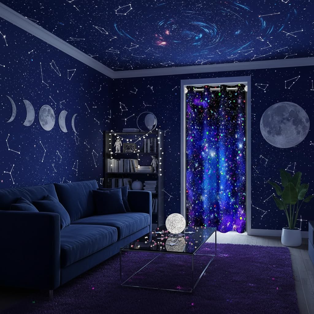 Castle Fairy Starry Galaxy Door Curtain 1 Panel 52" W X 80" L Outerspace Blue Purple Clouds Dreamy Doorway Curtain for Closet Door Colorful Glitter Stars Modern Door Drape for Bedroom Privacy