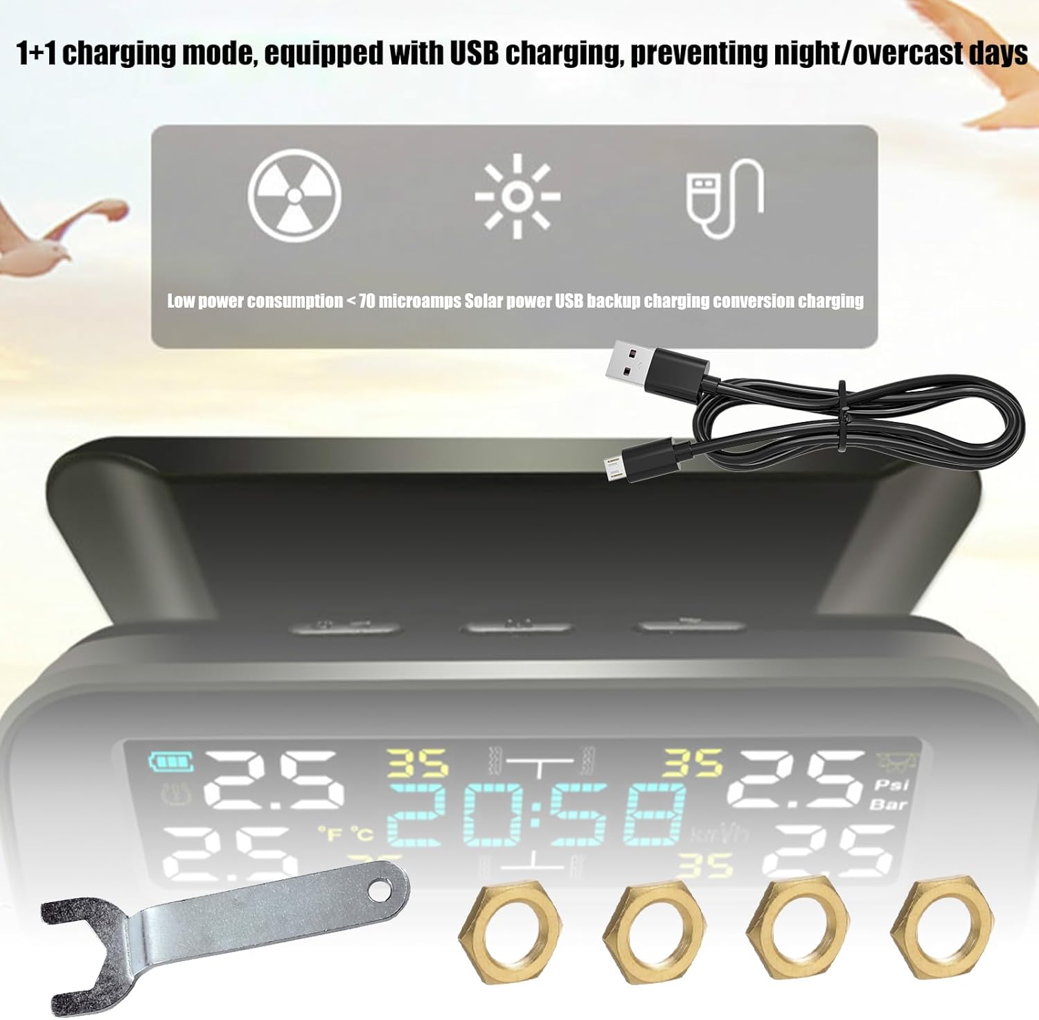 Tire Pressure Systems Solar Power USB Rechargeable Pressures Alerts for Camping Trailer Pressure Solar USB