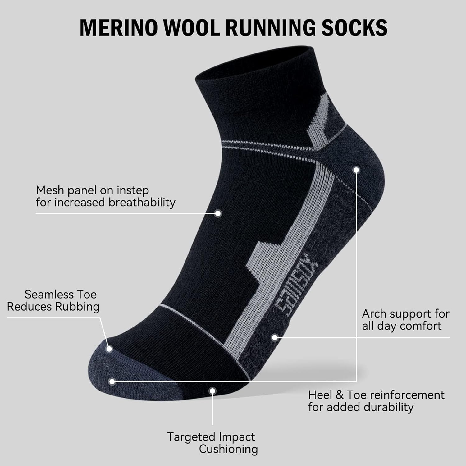 2-Pair Merino Wool Ankle Running Hiking Socks, Made in USA Cushioned Sport Socks for Men & Women (Moab Quarter) - Image 5