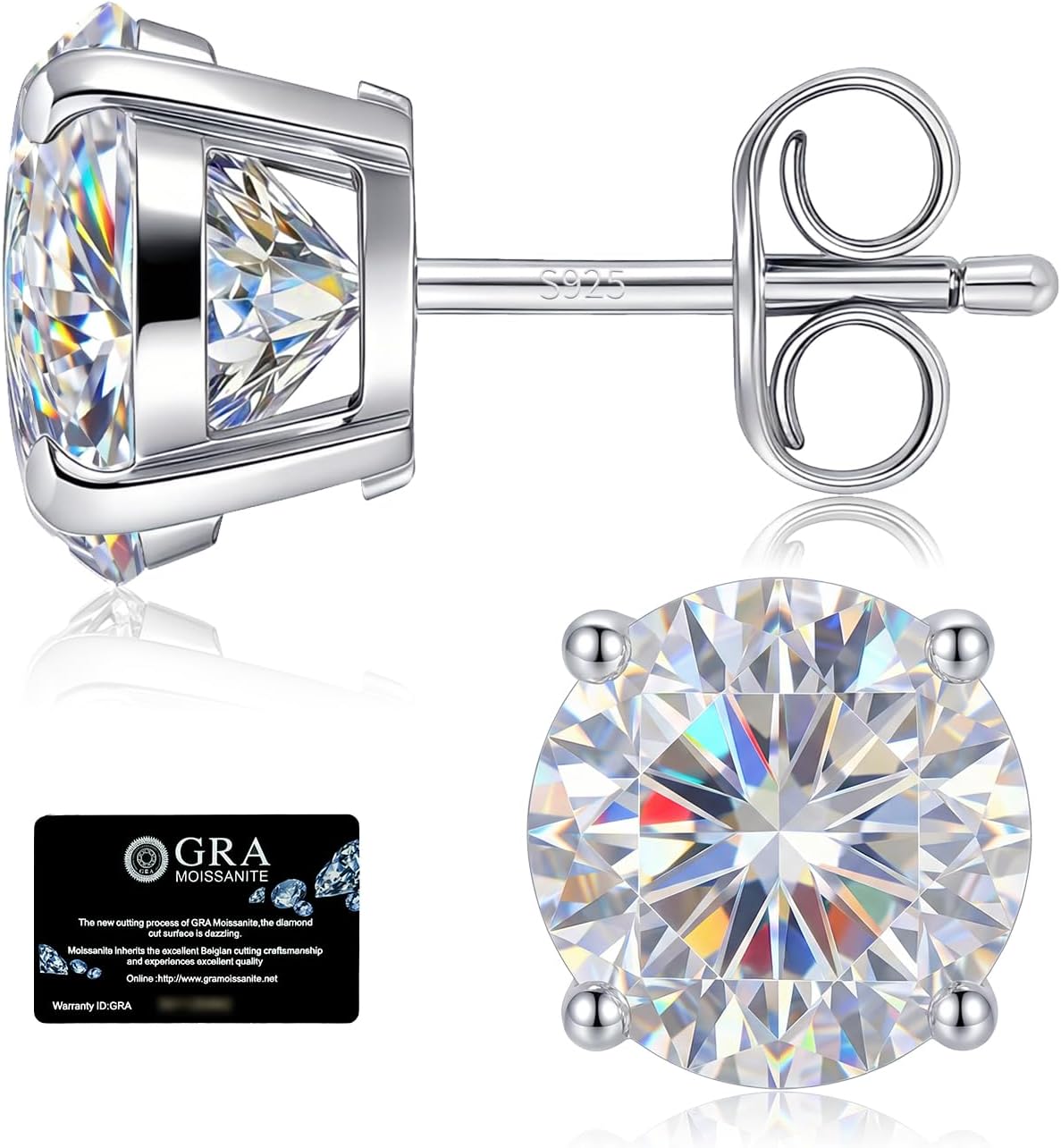 RoseJeopal Moissanite Stud Earrings, 925 Sterling Silver Earrings, 18K White Gold Plated Hypoallergenic Moissanite Silver Studs for Men Women 0.6-2.0CT