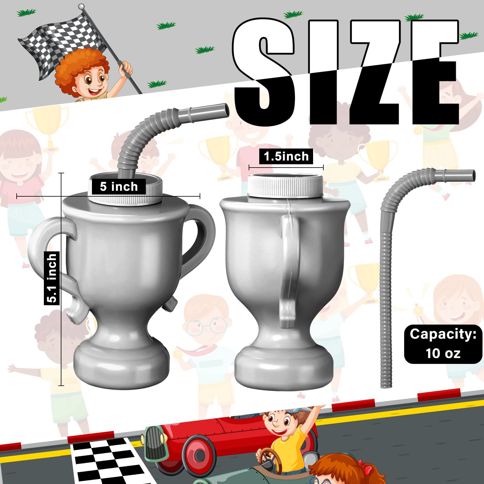 Zubebe 12 Pcs Race Car Trophy Cups with Straws and Lids, 10 oz Plastic Reusable Party Cups for Kids Monster Truck Construction Birthday Party Supplies (Silver Gray)