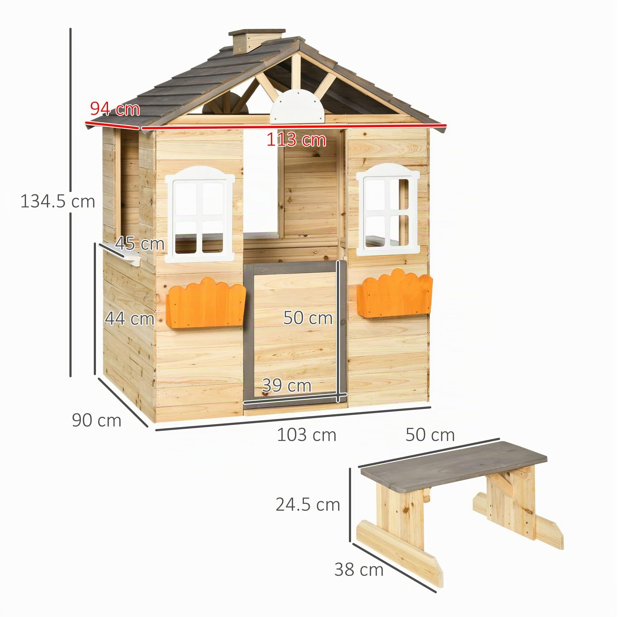 Outsunny Casa de Jardín Infantil de Madera Casa de Juegos Exterior para Niños de 3-7 Años con Ventanas 2 Jardineras y 1 Banco 113x94x134,5 cm Natural