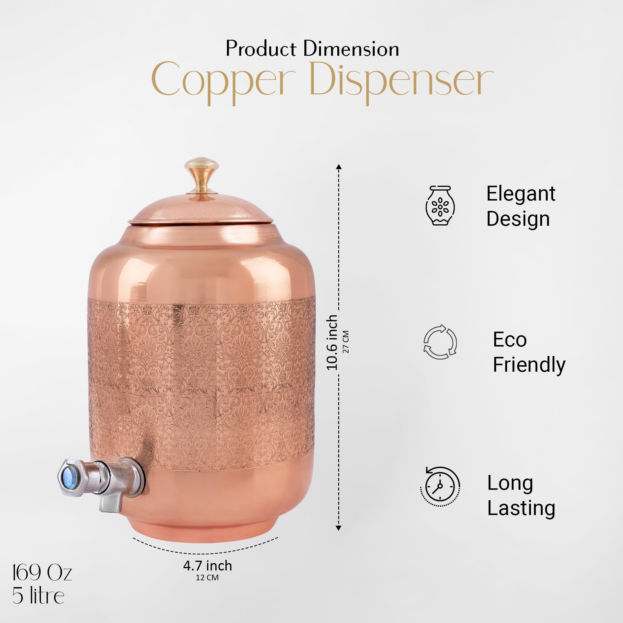 Golden Drops Kupfer Wasserspender 5 Liter Mit Zapfhahn - Ayurveda Wasserfilter Mit 2 Gläsern