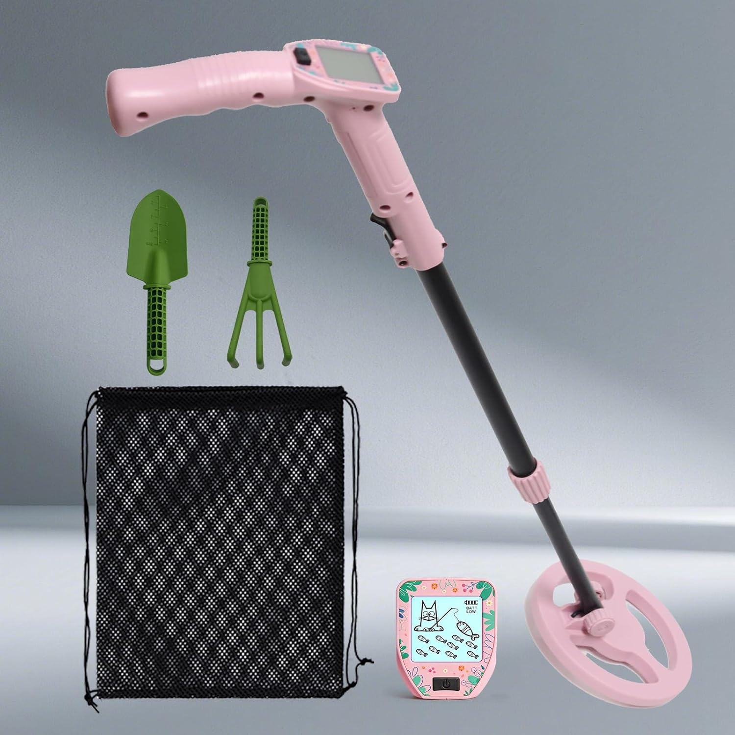 Metal Detector for Kids and Adults with Shovel & Rake Mesh Bag Set –Portable Treasure Hunter for Boys & Girls,All-Metal Mode. Lightweight & Adjustable. Outdoor Explorer Gift for Beach, Park, Camping