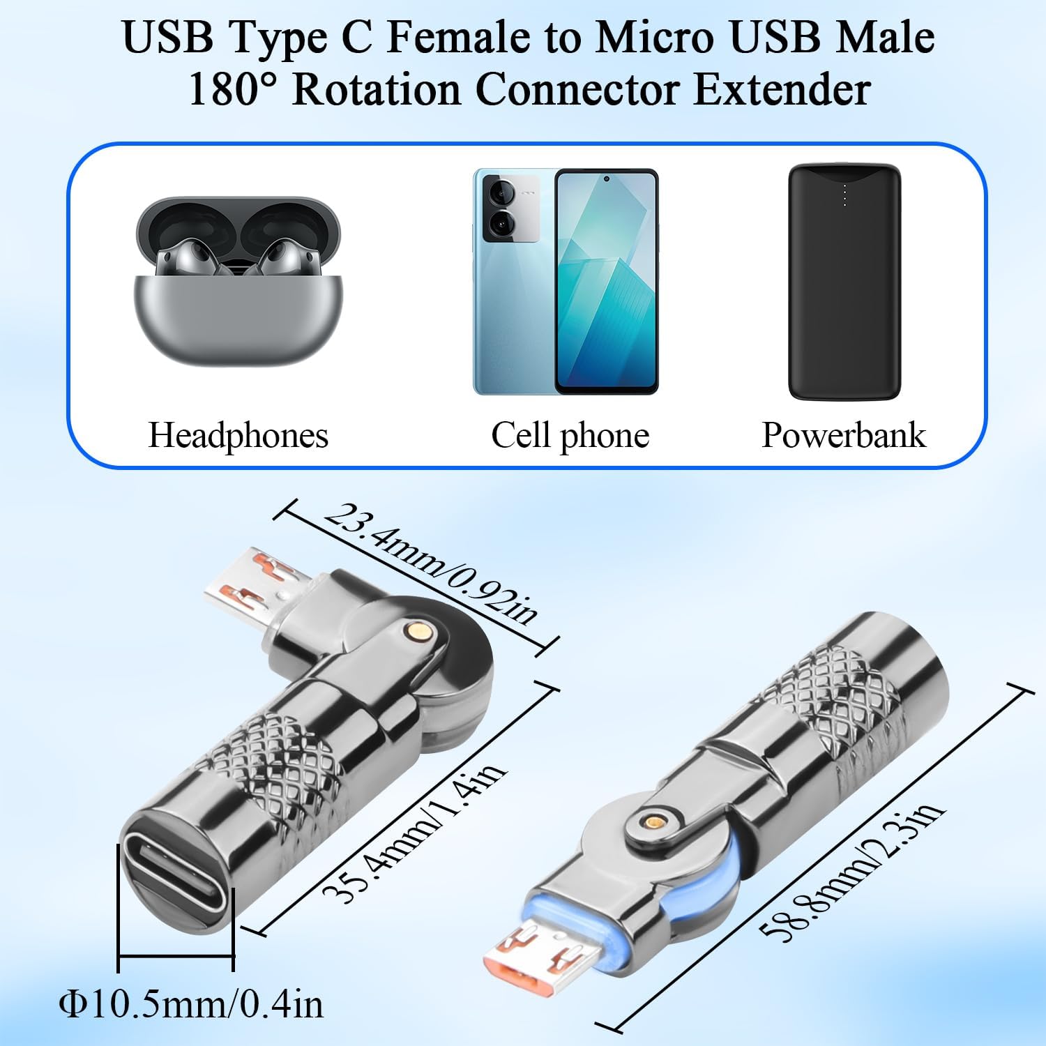 QIANRENON USB C to Micro USB 180° Rotating Charging Connector Type C Female to Micro USB Male Rotatable Data Adapter USB C to Micro Rotary Extender, 5V 3A 480Mpbs, Metal Case LED Light, 2Pcs