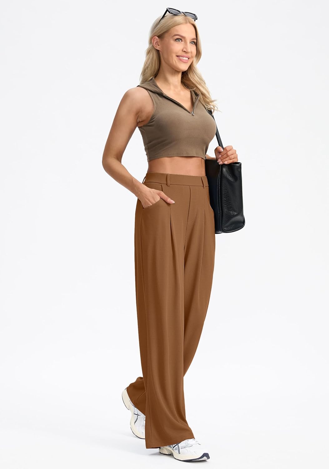 SANTINY Wide Leg Pants Woman Elastic High Waisted Waffle Knit Slacks Business Casual Work Pants Pleated Trousers with Pockets - Image 6