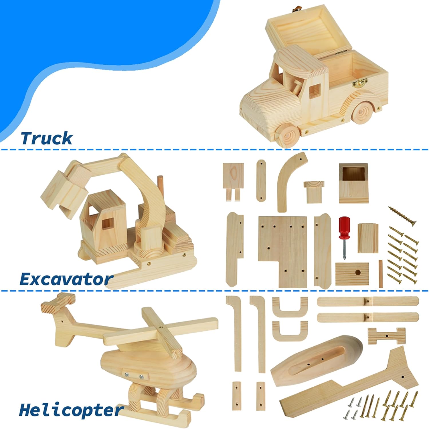 Easy Playhouse: Wood Building Toy Kit - DIY 3 Vehicle Projects: Helicopter, Truck & Excavator, 12 Paint Colors & 2 Brushes, Arts & Craft Set, Kids 8+