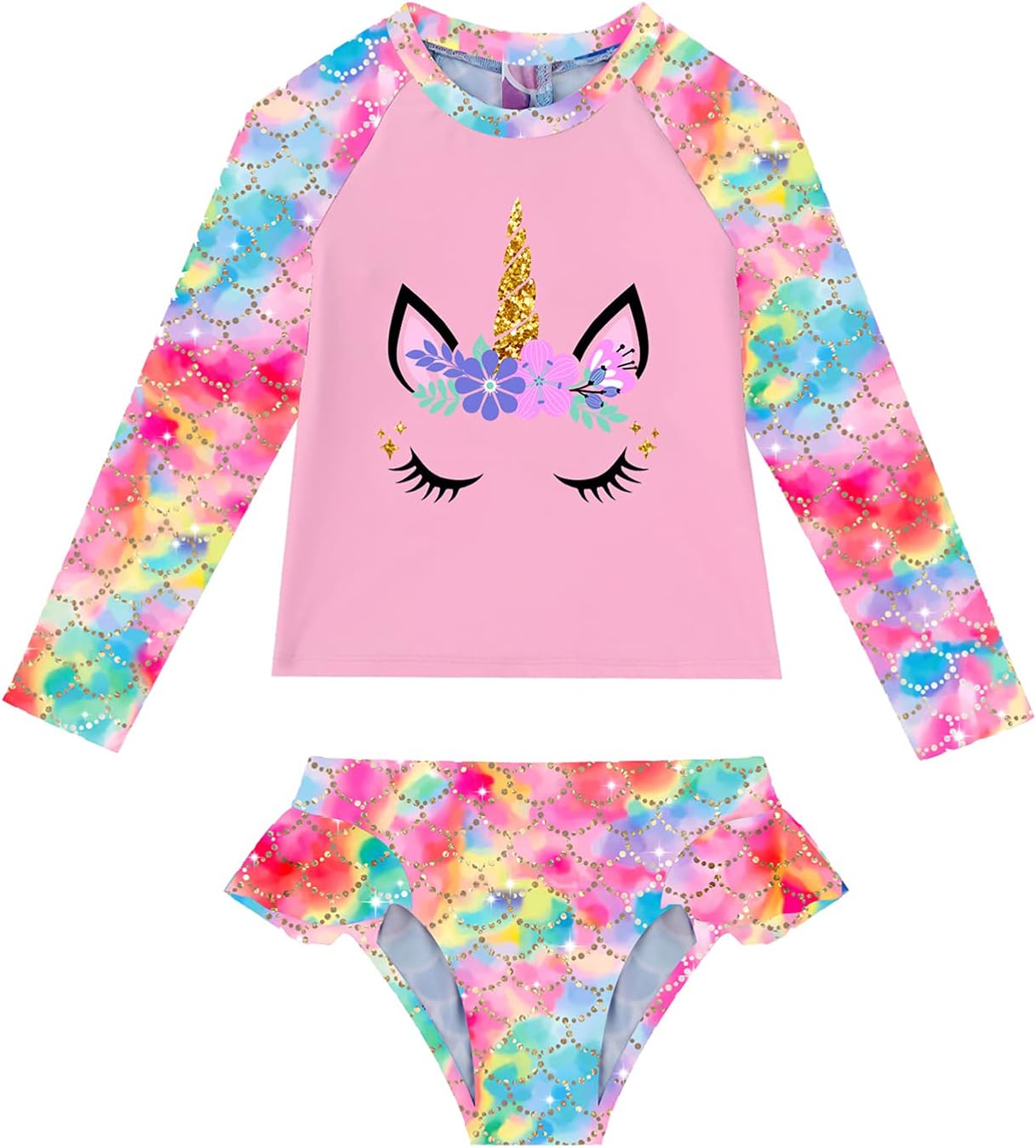 CHICTRY Kids Girls 2-Pieces Rash Guard Set Floral Printed Mock Shirts with Ruffles Brief Beach Sunsuit