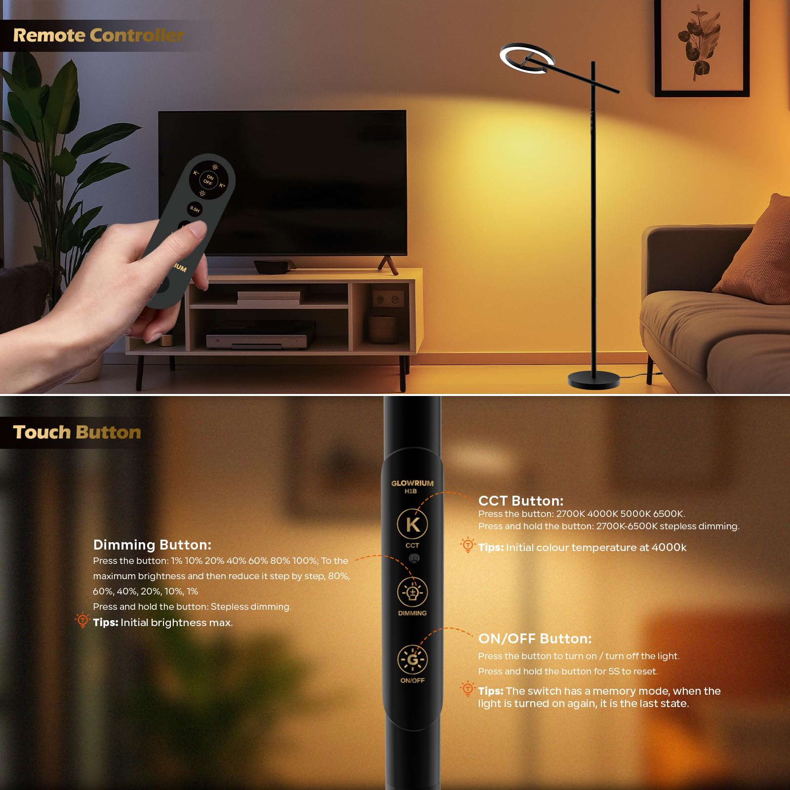 GLOWRIUM 71-inch floor lamp with remote control (batteries not included), UV-free 12,000 lux, 4 color temperatures, tall floor lamp with timer for bedrooms, continuously dimmable, swivel head
