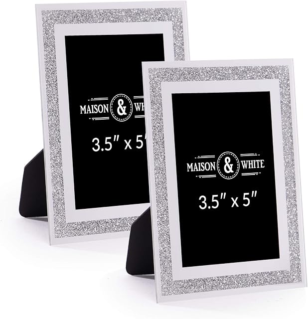 Glass Sparkle Photo Frames 5" x 3.5" - Set of 2 | Freestanding Photo Frames | Home Office Display | Glitter Photo Frame | M&W (5x3.5 Inch)