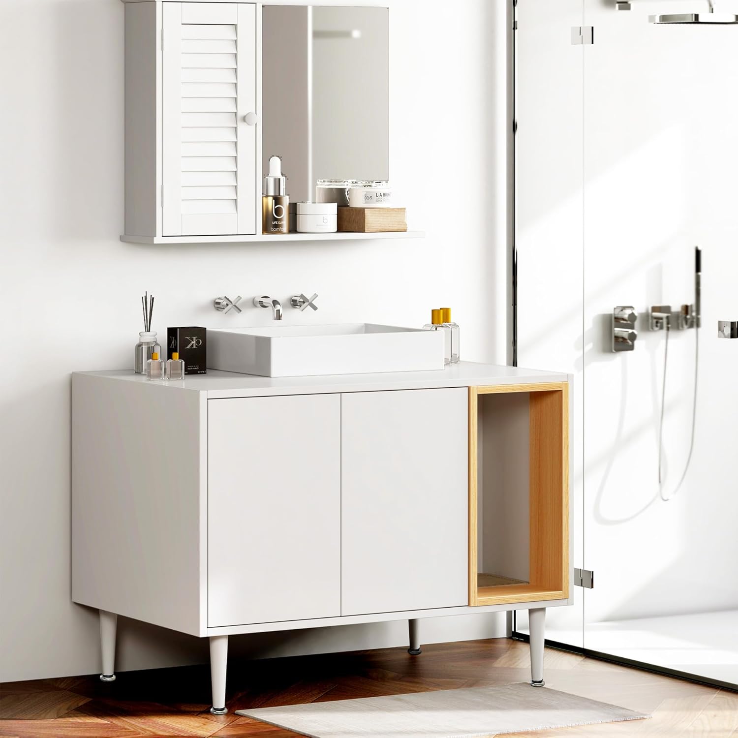 Generic Multi-Functional Bathroom Sink Cabinet with Cat Litter Box Enclosure, Hidden Litter Box Pet Washroom, Indoor Cat House Furniture, White + Vintage