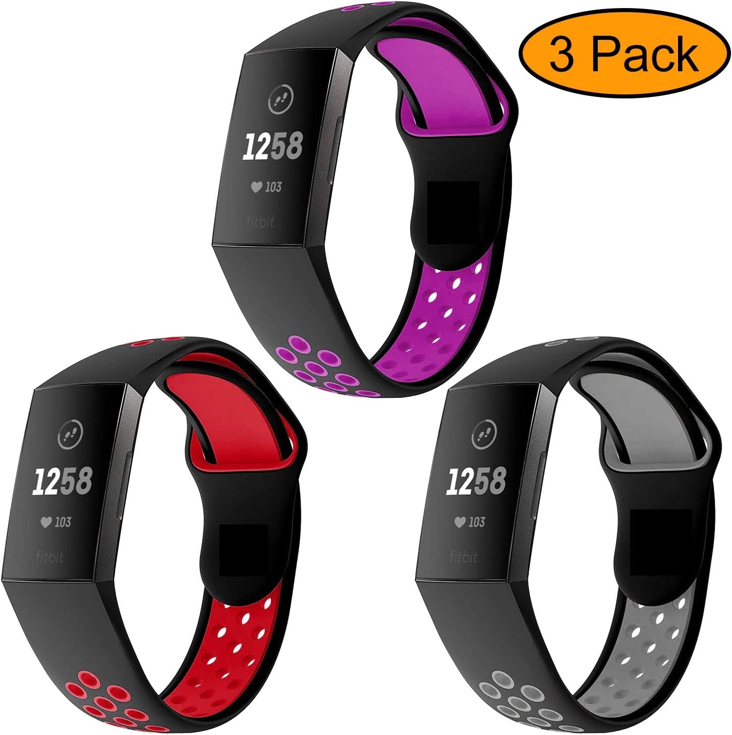 Neitooh 3 Packs Bands Compatible with Fitbit Charge 3/Charge 3 SE for Women and Men,Soft Silicon Waterproof Replacement Sports Strap with Breathable Holes