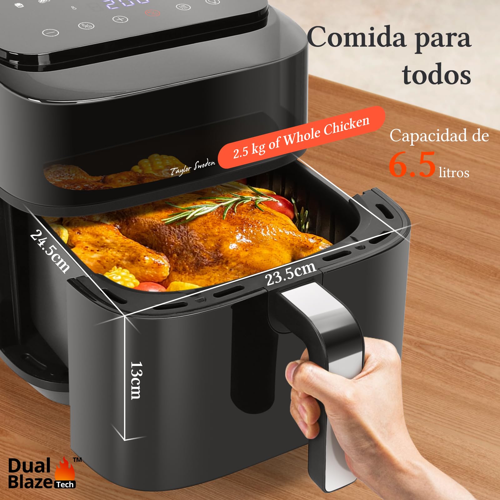 Taylor Swoden Air Fryer 6.5L 1800W Freidora de Aire con Doble Resistencia, Ventana de Visualización, 8 Programas, Panel Táctil Digital, Interior Metálico, 14 Recetas Físicas, Capacidad para 8 Personas