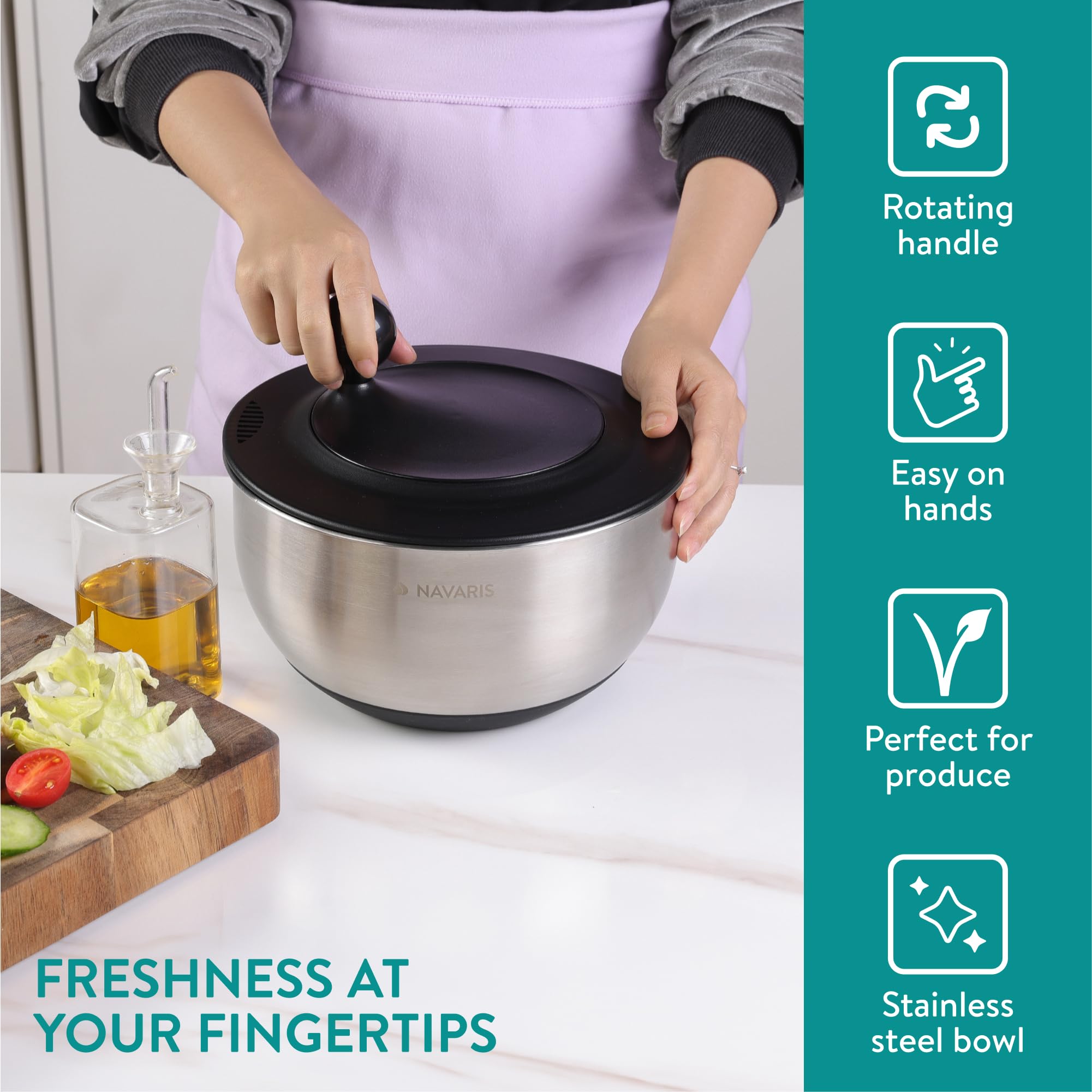 Navaris Escurridor de Ensaladas con Tapa - Escurridor de Ensaladas de Acero Inoxidable - Secador de Ensaladas - Facil de Lavar Secar y Centrifugar - con Rallador y Discos Cortantes