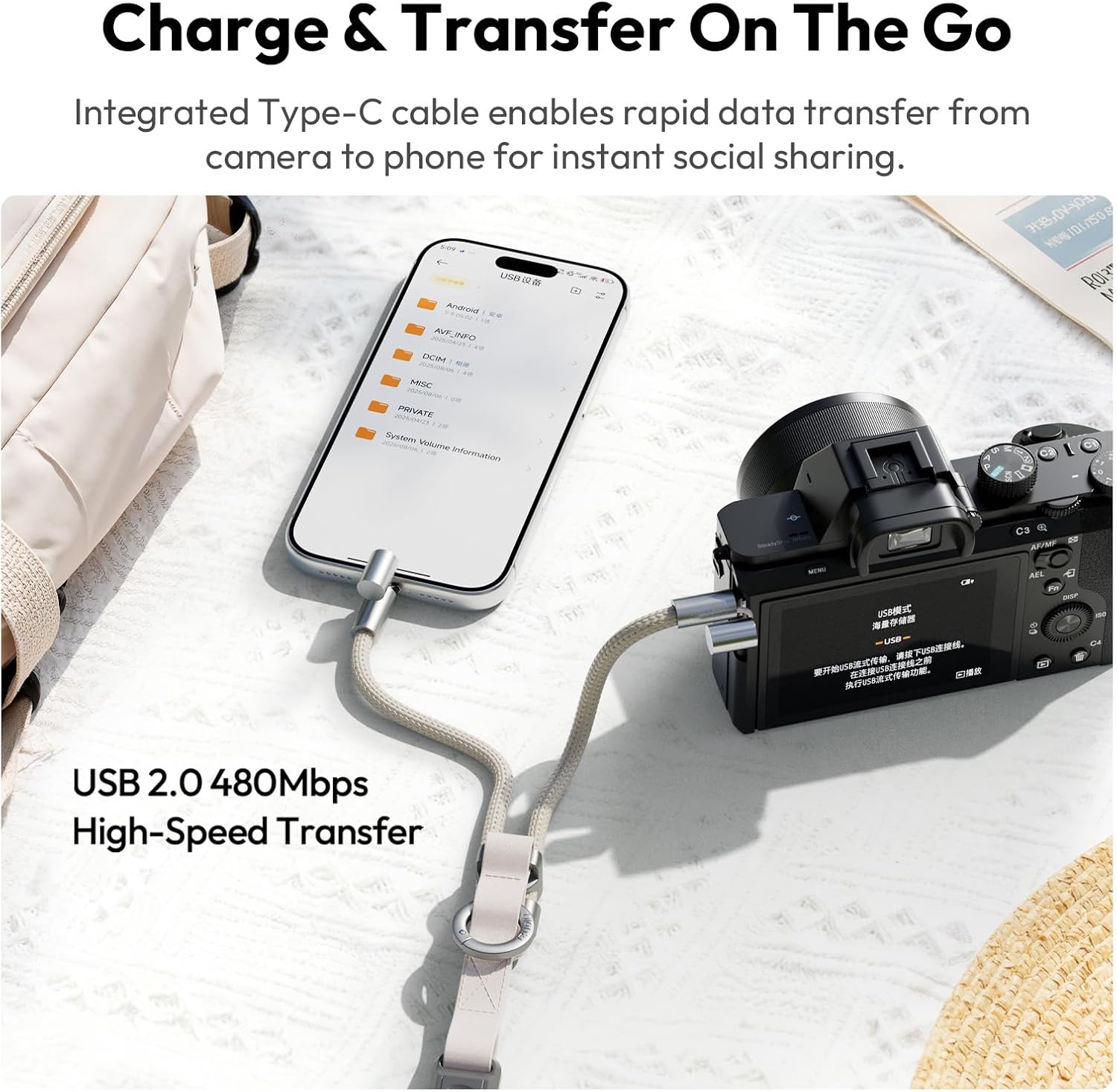 ULANZI YF01 Camera Strap with USB C Cable, 3-in-1 Modular Quick Release Neck Shoulder Wrist Strap 71.9inch Length Adjustment, Multi-Use Convertible Crossbody Sling for DSLR Mirrorless Phone(Orange)