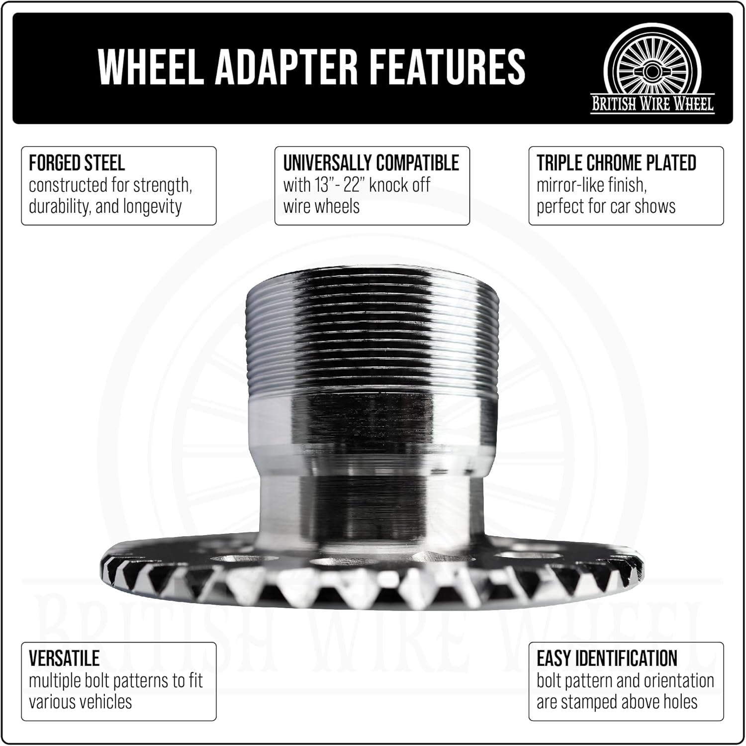 14x7 Reverse 100 Spoke Straight Lace Wire Wheels with 2 Ear/Bar Knock Off Spinner Caps + Chrome Adapters 6x5.5, 6x135 | Chrome Deep Dish Rims for Lowriders | Set of 4 + Lead Hammer