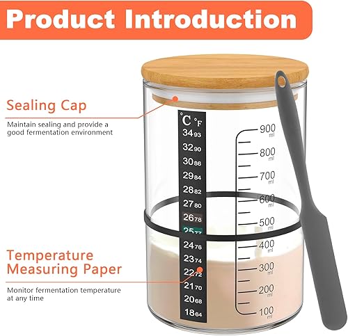 Miniatura 7 de Tarro básico de masa madre con tapa de madera de 30.4 fl oz, recipiente de inicio de masa madre, tarro de fermentación de masa madre transparente de