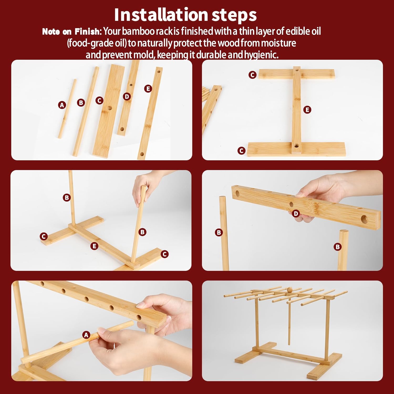 CycForge Bamboo Pasta Drying Rack with 14 Rods & Transfer Wand - Large Capacity Collapsible Stand for Fresh Homemade Spaghetti, Foldable Space Saving Storage - Image 3