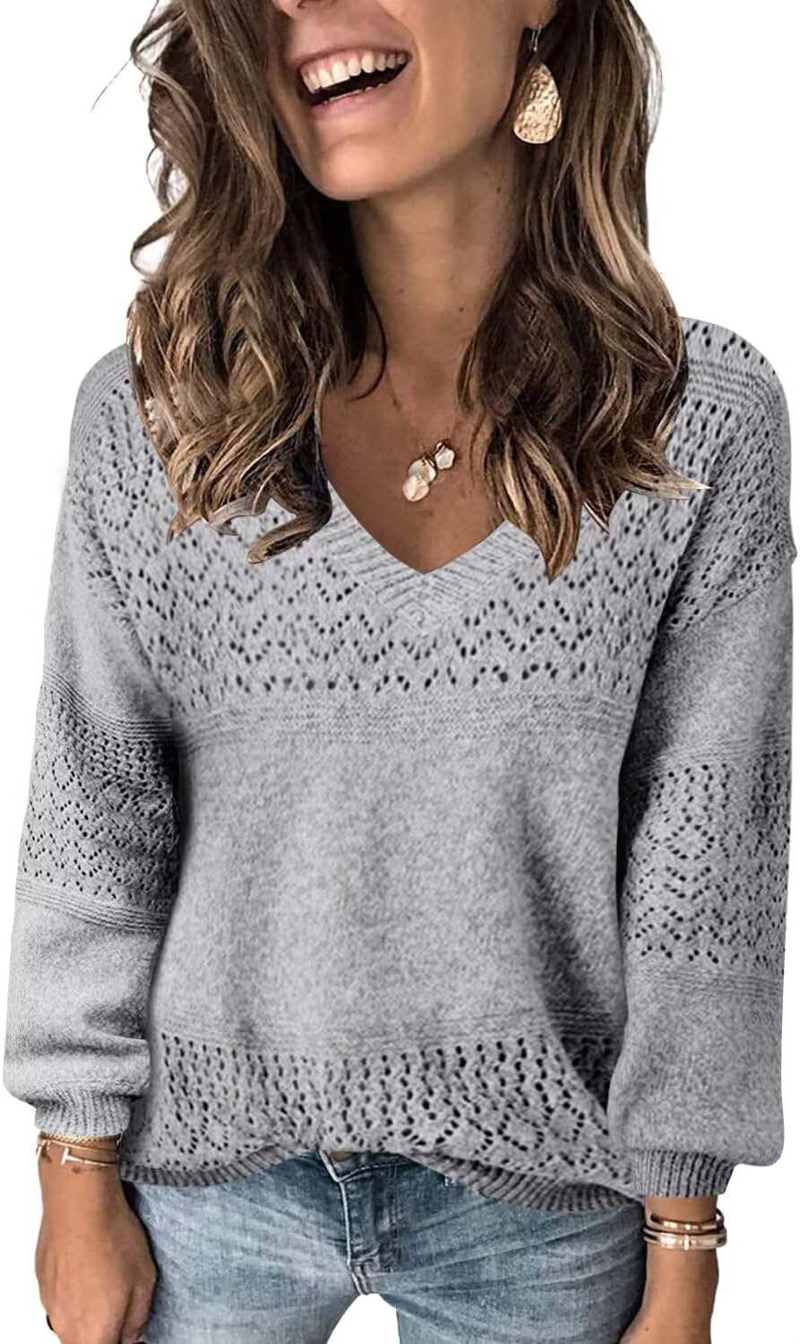 FEKOAFE Womens Sweaters 2026 Fall V Neck Long Sleeve Hollow Knit Pullover Sweaters for Women