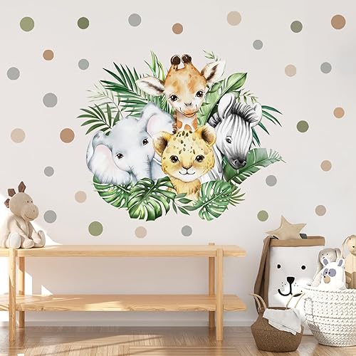 Miniatura 87 de Calcomanías de pared de animales de acuarela de 56.29 x 44.88 pulgadas, calcomanías de animales de selva, tigre, elefante, cebra, jirafa, mono