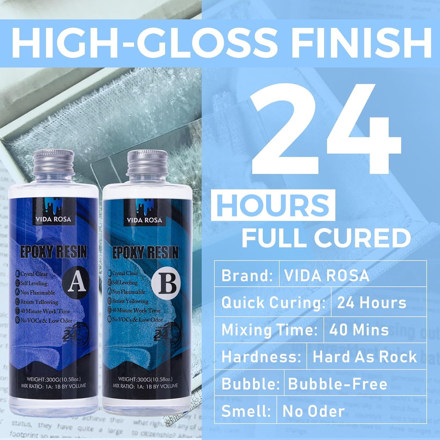 VidaRosa Epoxy Resin Kits for Beginners，1200ml/ 42.32oz Crystal Coating for Art, Craft, Jewelry Making, River Tables,4 Gloves, 2 Measuring Cup and 5 Wooden Sticks