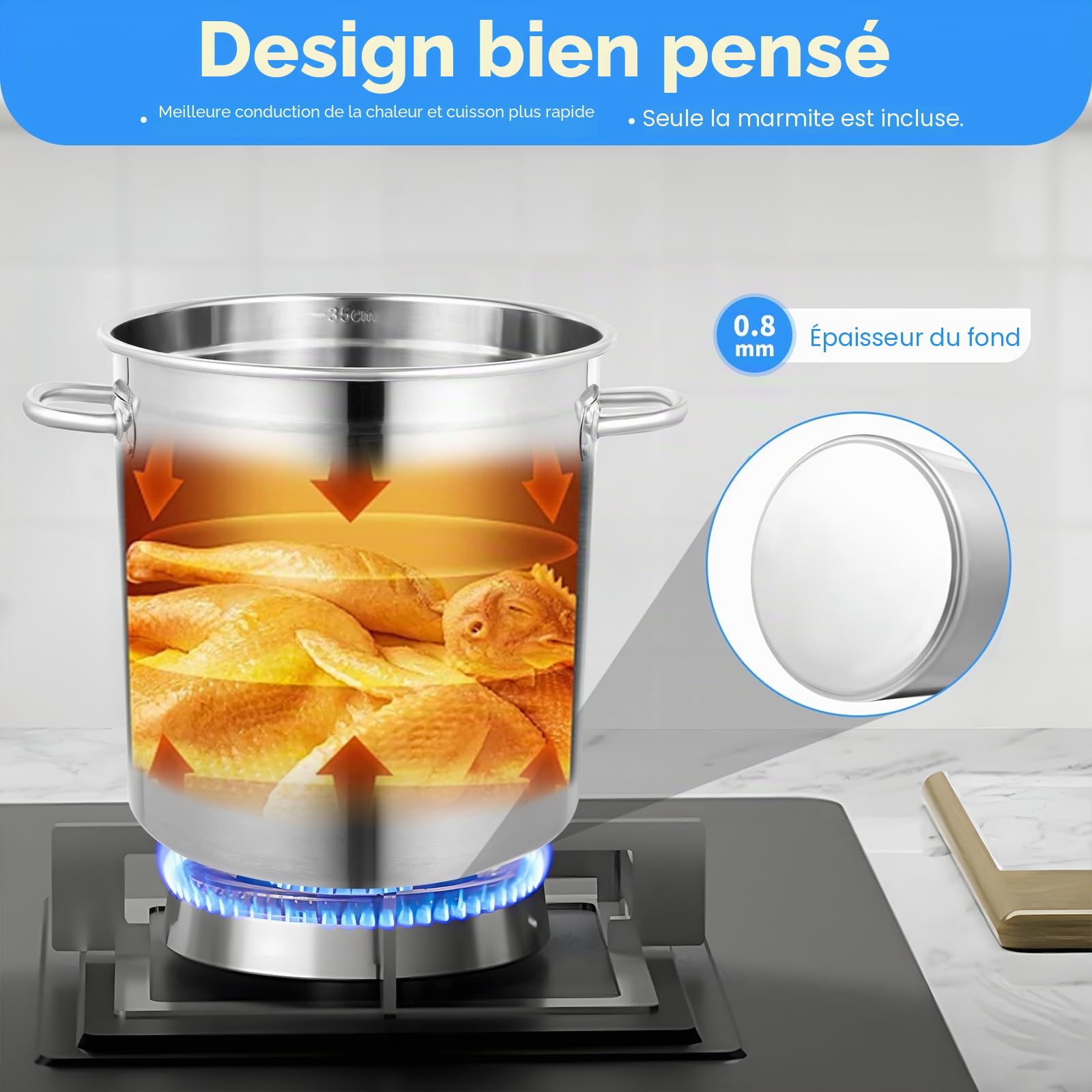 Marmite Traiteur en Acier Inoxydable 35L, Marmite Traiteur avec Couvercle, Trou Vapeur, Poignées Métal - Tous Feux dont Induction - Triple Fond Diffuseur, Argenté Epaisseur 3cm