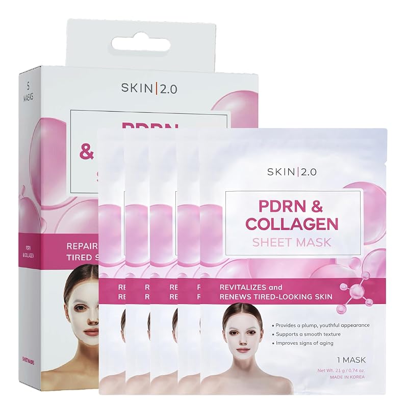 Máscara facial em folha Skin 2.0 com PDRN e colágeno, fabricada na Coreia, Pacote com 5 unidades