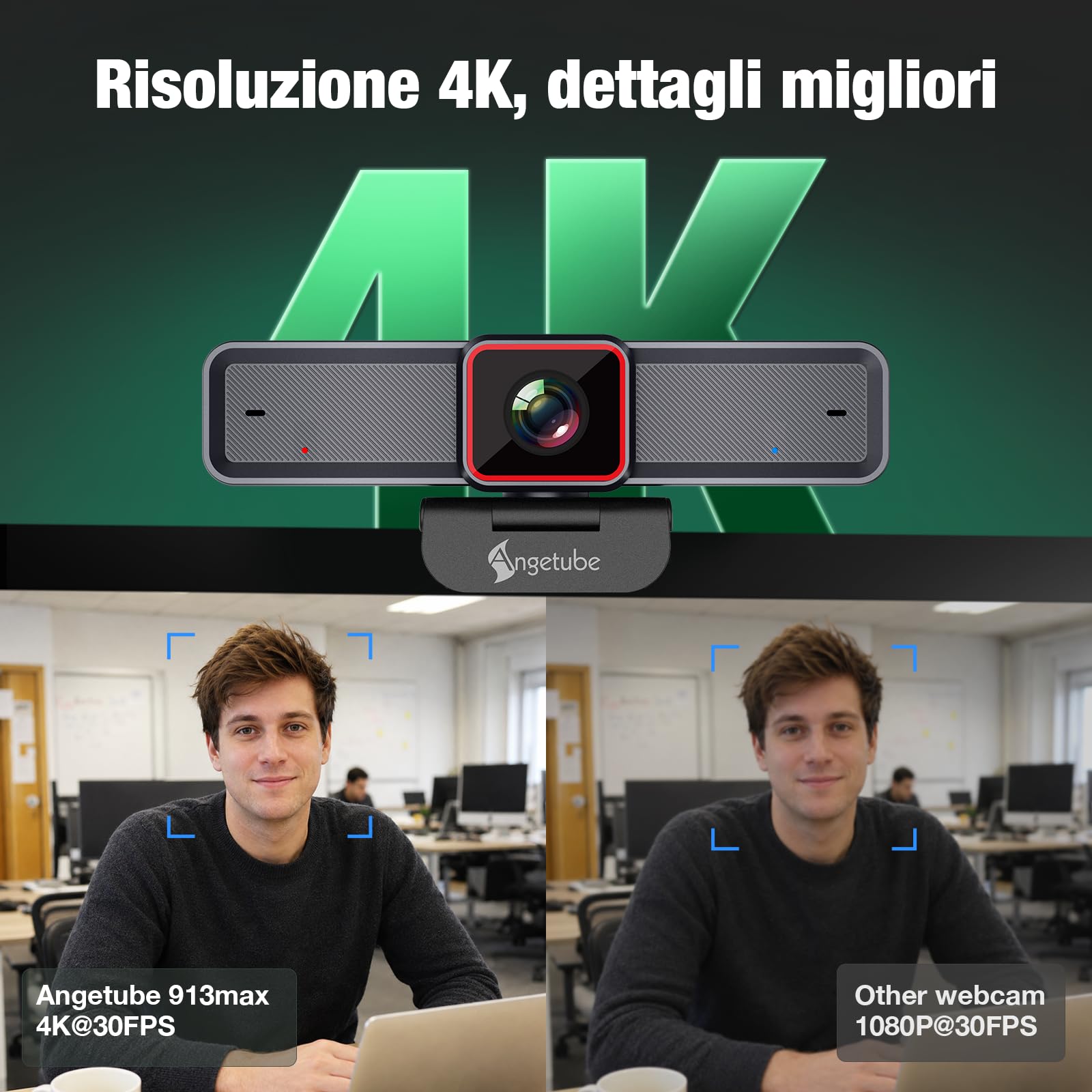 Angetube 4K Webcam con 1/1.5" Sensor, 1080P@60FPS USB Web Camera per PC | Autofocus PDAF, Copri privacy, USB3.0 & 2 microfoni, Ideale per riunioni video, Streaming Work with OBS, Skype