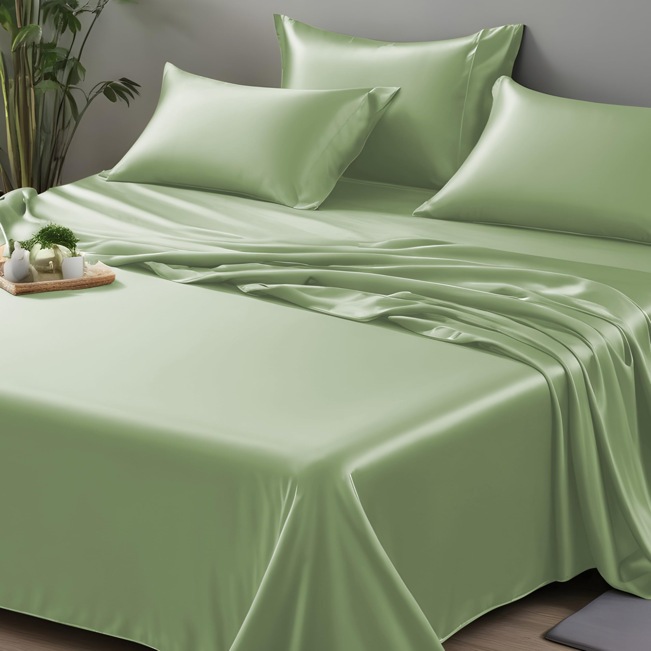 LINENWALAS Single Flat Sheet Only 100% Organic Bamboo Flat Sheet for Single Size Bed, Soft Luxury Cooling Top Bed Sheet Bedding Perfect for Skincare (Single, Sage Green)