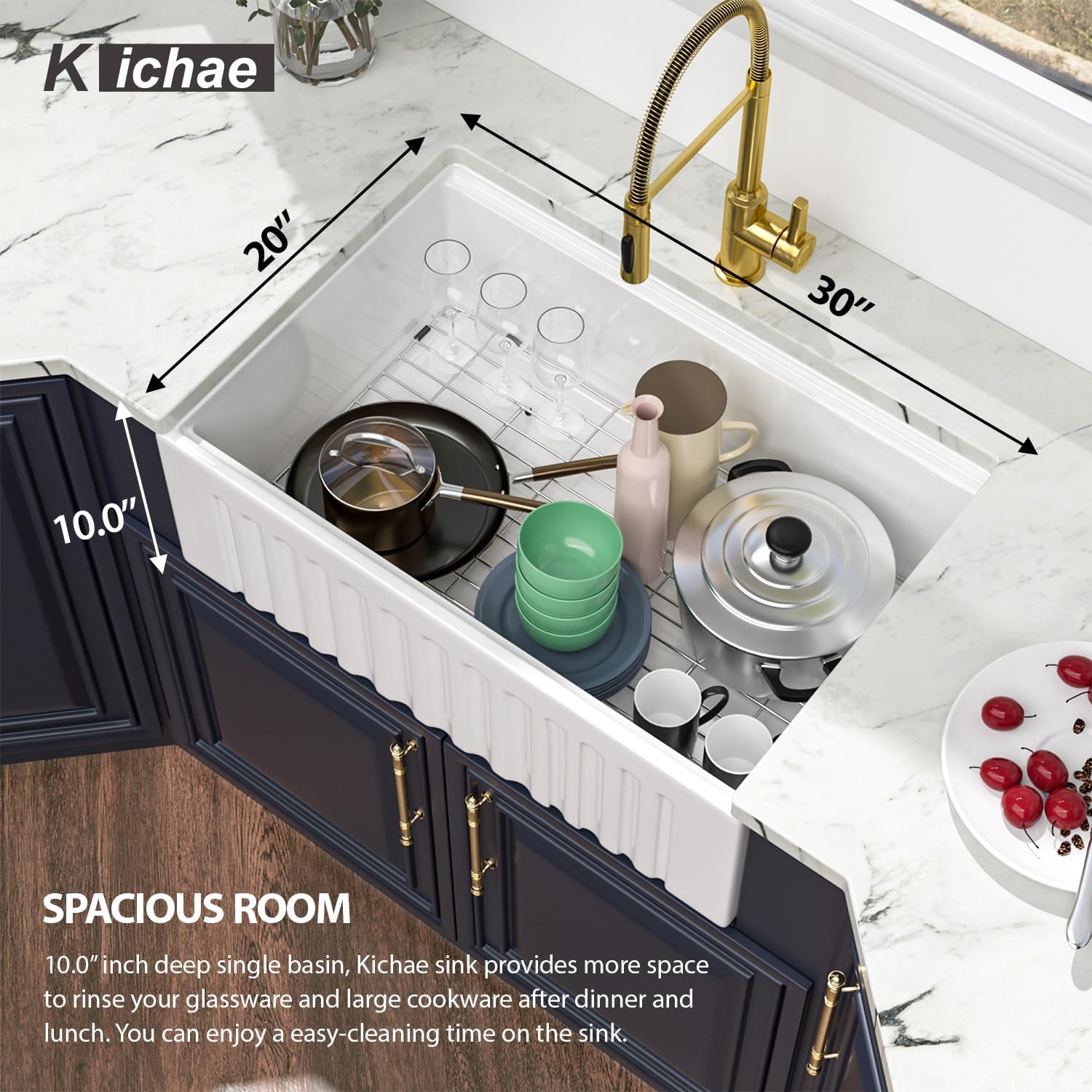 30 White Farmhouse Kitchen Sink - Kichae 30X20 Inch Ledge Workstation Reversible Apron Front Fireclay Ceramic Porcelain Farm Sinks Single Bowl Farmer Sink with Cutting Board
