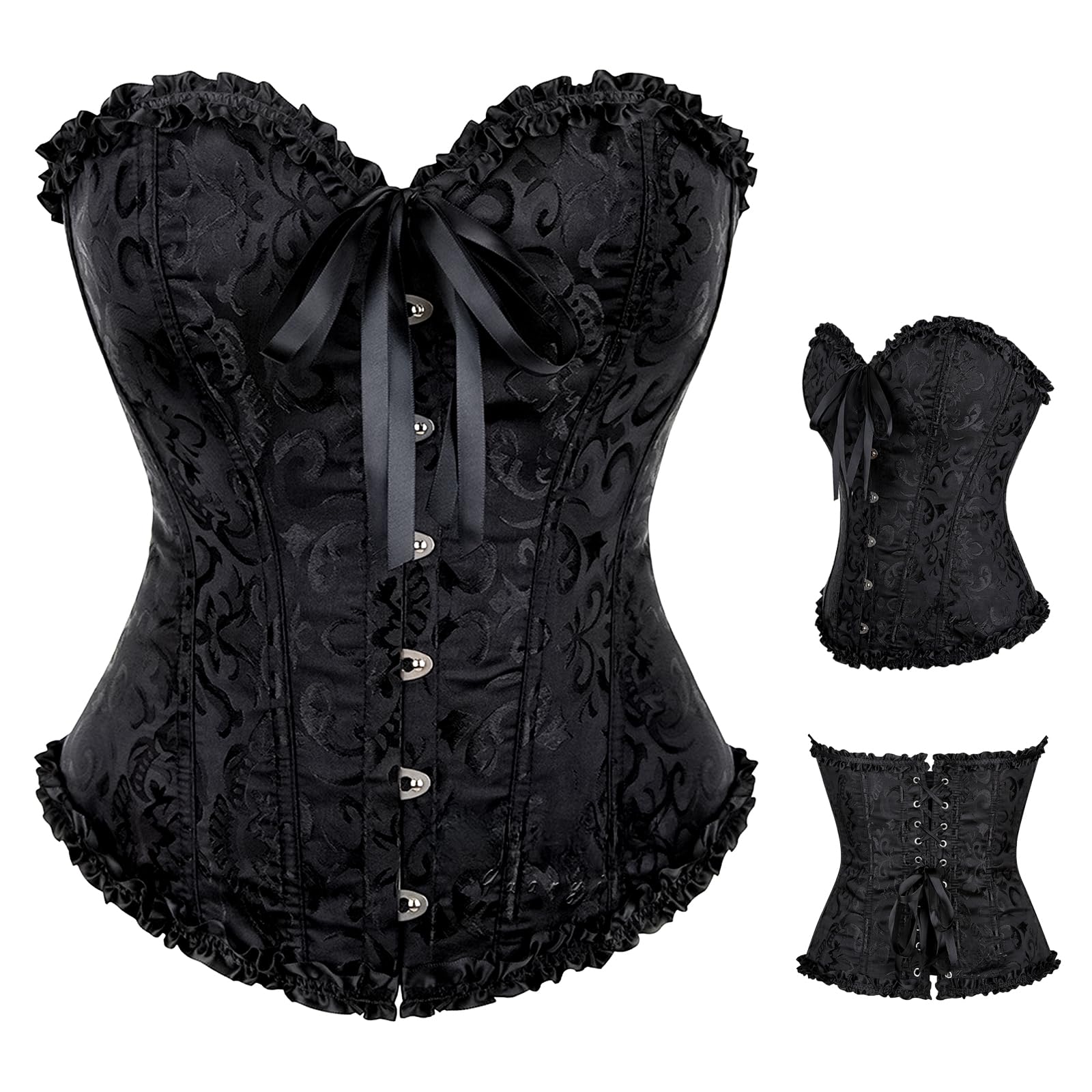 Corsetto per Donne, Corpetto Top in Pizzo, Sexy Burlesque Overbust Corsetti Bustino Vintage Gotico Nero, Stringivita Modellante Dimagrante Corsetto Bustino per Halloween,Carnevale,Cosplay,Feste